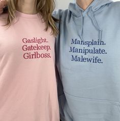 Looking for the perfect couples gift this Valentine's Day? Well stop your search. This matching set of Gaslight. Gatekeep. Girlboss. And Mansplain. Manipulate. Malewife. couple crewnecks are embroidered on a soft 50/50 cotton/polyester blend sweatshirt. This is a package deal: you will receive two crewneck sweatshirts. Choose sizes and colors from dropdown menus.  Any questions? Just ask! Matching Couple Sweatshirts, Gaslight Gatekeep Girlboss, Couple Sweatshirts, Hoodie Outfits, Silly Clothes, Silly Shirt, Funky Shirts, Couples Sweatshirts, Magnum Opus