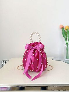 BagForLove - Chic Mini Pearl-Embellished Bucket Bag Pink Party Bucket Bag, Pink Bucket Bag For Party, Pink Bucket Bag For Parties, Pink Party Bag With Pearl Handle, Pink Bucket Bag, Embellished Bags Diy, Sac Diy, Potli Bag, Embellished Bags