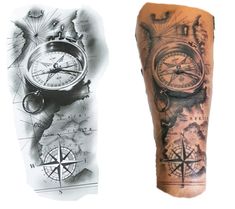 an arm tattoo with compasss and other tattoos on the side of it, along with a black and white photo of a man's leg