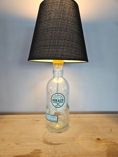 a lamp that is sitting on top of a wooden table next to a light bulb