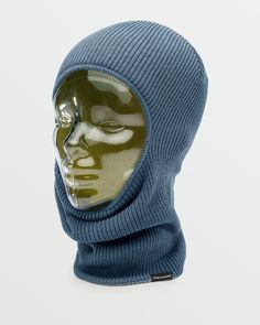 a mannequin's head wearing a blue knitted hat with a hood