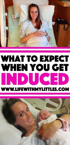 a woman holding a baby in her arms with the words what to expect when you get induction