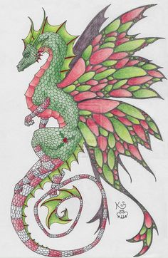 a drawing of a dragon with red and green wings on it's back legs