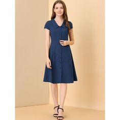 Featuring a button-down finish, this shirt dress is perfect for both formal and casual occasions. The midi length and short sleeves are comfortable and elegant. This short-sleeved button-up dress is made of soft cotton material, ensuring you'll stay comfortable all day, making it a stunning addition to your modern wardrobe without hesitation. The collar and short sleeves add elegance to your casual or formal look. Fastened with buttons, this dress features an A-line silhouette with a pointed col Midi Button Down Dress, Dresses Navy Blue, Line Dresses, Plus Size Brands, A Line Dresses, Cotton Shirt Dress, Cardigan Shirt, Cap Dress, Modern Wardrobe