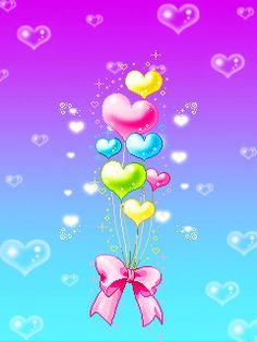 a bunch of balloons floating in the air with hearts around them on a purple and blue background