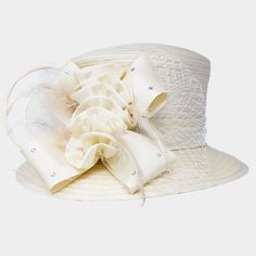 Style No : [424525] H18-Beige Color : Beige Crown Circumference : 23" Crown Height : 4" Brim Width : 3.25" 100% Polyester Studded Bow Flower Mesh Dressy Hat Chic Curved Brim Top Hat For Spring, Chic Spring Top Hat With Curved Brim, Chic Cream Straw Hat For Spring, Chic Wide Brim Top Hat For Summer, Beige Top Hat With Curved Brim For Summer, Chic Brimmed Top Hat For Spring, Elegant Lined Hats For Spring, Beige Top Hat For Summer Wedding, Elegant Spring Hats With Lining