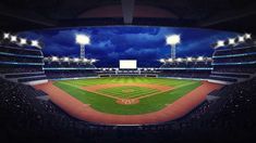 an empty baseball stadium at night