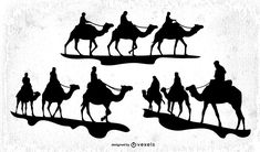 six silhouettes of people riding camels in the desert, each with their own rider