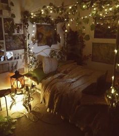 a bed room with a neatly made bed and lots of lights