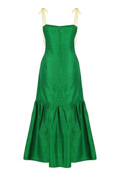 Make a statement at your next special event in the Green Marbella Silk Dress, a midi silhouette with tiered hem and straight neckline. One of our bestselling dresses, it features a beautiful raw silk that gives this piece a luxurious feel with natural shine, complete with handmade fabric buttons and adjustable spaghetti straps in chartreuse. If you wish, you can wear it strapless. Every piece is consciously crafted in collaboration with artisans from South India. Whether you’re headed to an eleg Party A-line Maxi Dress With Ruffle Hem, Elegant Green Dress With Tiered Skirt, Chic Satin Dress With Tiered Skirt, Chic Silk Tiered Maxi Dress, Chic Tiered Silk Maxi Dress, Maxi Length Ruffle Hem Gala Dress, Elegant Green Tiered Skirt Dress, Formal Tiered Dress With Fitted Bodice, Evening Tiered Dress With Layered Hem