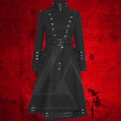 Our Women's Gothic Coat is a symphony of design, featuring intricate detailing and a tailored fit that accentuates the feminine silhouette. The coat boasts a commanding military-inspired aesthetic, complete with ornate buttons and a dramatic collar, perfect for any steampunk aficionado or gothic wardrobe. The luxurious fabric ensures a comfortable wear, while the expert craftsmanship promises a garment that withstands the test of time. Each coat is available in a range of sizes, and we provide a Gothic Stand Collar Outerwear For Costume Party, Gothic Outerwear With Stand Collar For Costume Party, Gothic Stand-collar Outerwear For Costume Party, Gothic Long Sleeve Outerwear For Larp, Gothic Outerwear For Larp In Fall, Fall Gothic Outerwear For Larp, Steampunk Outerwear For Halloween Cosplay, Gothic Long Coat For Larp, Gothic Outerwear For Fantasy Events In Winter