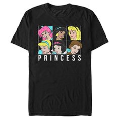 If you can't decide which of the Disney characters is your favorite… now you don't have to! Celebrate all of your favorites with this officially licensed Disney Princess Squares Men's Graphic T-Shirt! This cute tee features portraits of Ariel, Jasmine, Aurora, Cinderella, Snow White, and Belle in bright print across the front. Dress in style this season with this new fun apparel today that is perfect for Disney fans everywhere! Character Print T-shirt For Disney Fan Events, Graphic Tee With Character Print For Disney Fan Events, Disney T-shirt With Front Print, Disney T-shirt With Front Print For Fan Events, Black Disney Fan Merchandise T-shirt, Disney Black T-shirt With Character Print, Disney Character Print T-shirt For Fan Events, Disney Character Print T-shirt For Disney Fan Events, Black Disney Character Print T-shirt