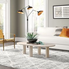 a living room filled with furniture and a white rug on top of a hard wood floor