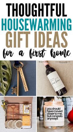 the words thoughtful housewarming gift ideas for a first home are shown above pictures of various items