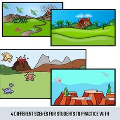 four different scenes for students to practice with dinosaurs and volcanos in the background are shown