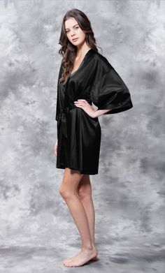 Premium Bathrobes :: Satin Robes :: Satin Kimono Black Short Robe - Wholesale bathrobes, Spa robes, Kids robes, Cotton robes, Spa Slippers, Wholesale Towels Elegant Solid Satin Sleepwear, Satin V-neck Robe For Loungewear, Modal Satin Sleepwear For Evening, Summer Satin Night Robe, Evening Modal Satin Sleepwear, Long Sleeve Satin Robe For Summer, Long Sleeve Satin Summer Robe, Silk Satin Finish Robe For Loungewear, Satin Sleepwear With Open Front