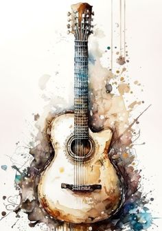 a watercolor painting of an acoustic guitar