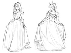 two sketches of women in gowns and dresses