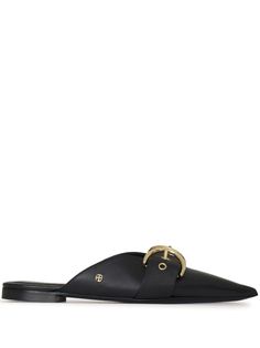 black lambskin gold-tone hardware decorative buckle detail pointed toe branded footbed open back Classic Pointed Toe Mules With Buckle Closure, Pointed Toe Mules With Buckle Closure For Office, Office Mules With Buckle Closure And Pointed Toe, Designer Pointed Toe Sandals For Work, Luxury Black Mules With Buckle Closure, Gold Mules For Work, Gold Slip-on Mules For Work, Elegant Gold Mules For Workwear, Designer Mules With Buckle Closure For Formal Occasions