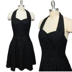 Vintage 1980s Positively Ellen black lace open back halter dress with sweetheart neckline and tulle underskirt. Vintage Talon zipper. Union made in USA. Marked size 10, see measurements for best modern fit. As a vintage piece, may show signs of normal wear and use consistent with age. In gently preowned condition, no flaws noted.  Measurements are approximate, lying flat.  16" Bust pit to pit 14.5" Across the waist 35" Length shoulder to hem Black Dresses Hoco, Fitted Halter Dress With Sweetheart Neckline, Black Sleeveless Halter Dress For Wedding, Fitted Halter Dress For Prom Season, Black Sleeveless Halter Wedding Dress, Fitted Halter Dress With Back Zipper For Date Night, Evening Dress With Lace Bodice And Halter Neck, Halter Neck Evening Dress With Lace Bodice, Fitted Halter Dress With Back Zipper For Evening