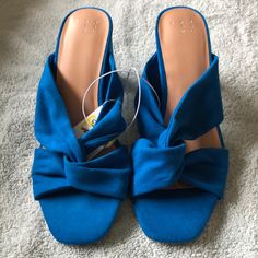 New With Tags! Trendy Blue Wedge Sandals For Spring, Trendy Blue Wedge Sandals With Round Toe, Trendy Blue Synthetic Wedge Sandals, Blue Sandals With Wrapped Block Heel, Trendy Blue High Heel Mules, Blue Open Toe Heels For Spring, Blue Round Toe Mules, Blue Open Toe Party Mules, Chic Blue Block Heel Sandals