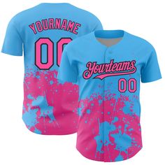 Custom Sky Blue Pink-Black 3D Pattern Design Abstract Splash Grunge Art Authentic Baseball Jersey Baseball Jersey Men, Logo Wear, Custom Sportswear, Logo Number, Uniform Shirts, Blue Football, 3d Pattern, Baseball Shirts, Logo Color