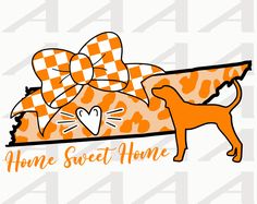 an orange and white dog with a bow on it's head is laying down next to the words home sweet home