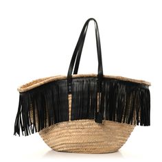 This is an authentic SAINT LAURENT Calfskin Raffia Panier Fringe Tote in Black. This chic tote is crafted of natural woven straw with black leather top handles and fringe hanging from the edges. The bag has an open top and a spacious natural woven straw interior with a hanging leather zipper pocket. Luxury Black Straw Bag With Braided Handles, Luxury Black Woven Straw Bag, Black Leather Straw Bag With Braided Handles, Luxury Black Straw Bag For Summer, Luxury Black Summer Straw Bag, Black Woven Leather Straw Bag, Black Straw Bag With Bamboo Handle, Chic Black Straw Bag With Woven Leather, Elegant Black Woven Leather Straw Bag