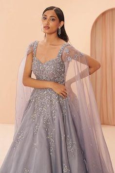 Shop for Parul Gandhi Label Purple Organza Floral Embroidered Gown for Women Online at Aza Fashions Cape Sleeves Gown, Lilac Gown, Bridal Crop Top, Ethereal Gown, Gown With Cape, Sheer Cape, Pre Bridal, Dream Gown, Dreamy Gowns