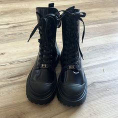 I Got These Boots For $392 And I Am Trying To Sell Them For $200 But Price Is Definitely Negotiable! They Are Brand New And Haven’t Been Worn They Are Just The Wrong Size For Me. They Are Shiny Leather And Black. Please Buy!! Luxury Black Lace-up Boots With Lug Sole, Luxury Black Lace-up Boots With Round Toe, Black Formal Lace-up Boots With Lug Sole, Luxury Black Platform Boots With Lug Sole, Designer Black Lace-up Ankle Boots, Designer Black Platform Boots With Lug Sole, Luxury Black Lace-up Boots With Reinforced Heel, Luxury Black Lace-up Boots, Designer Black Platform Boots With Round Toe