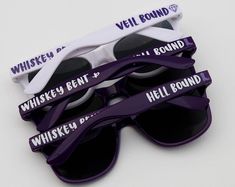 five glasses with the words whiskey bent on them, all in purple and white frames