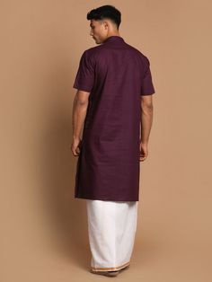 VASTRAMAY Men's Purpple Cotton Kurta And Mundu Set Stay comfortable and stylish with this purple cotton kurta and mundu set from VASTRAMAY. Perfect for various occasions, this set offers a blend of traditional and contemporary style. Features: Color: Purple Material: Cotton Pattern: Solid Sleeve Type: Long Sleeves Neck: Mandarin Collar Specifications: Brand: VASTRAMAY Fit: Regular Fit Occasion: Ethnic Wash Care: Machine Wash Material & Care: 100% Cotton. Machine wash cold with like colors, gentl Fitted Cotton Kurta For Puja, Purple Straight Kurta For Diwali, Fitted Purple Cotton Traditional Wear, Festive Purple Cotton Traditional Wear, Casual Cotton Traditional Wear For Diwali, Purple Cotton Kurta For Eid, Fitted Purple Cotton Kurta, Cotton Kurta For Puja With Traditional Fit, Cotton Kurta For Puja In Traditional Fit