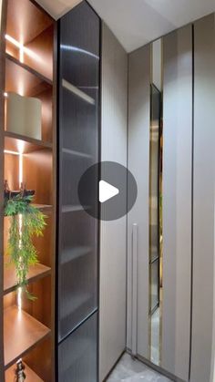 an empty room with some shelves and lights on the wall next to a plant in a vase