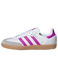 (GS) adidas Samba OG 'White Purple Gum' IH2873 White Running Shoes With Gum Sole For Streetwear, White Running Sneakers With Gum Sole, White Running Shoes With Gum Sole, White Sneakers With Gum Sole For Running, Sneakers With Three Stripes For Light Sports, Pink Sneakers With Three Stripes And Round Toe, Pink Three Stripes Sneakers With Round Toe, Streetwear Running Shoes With Three Stripes, Pink Round Toe Sneakers With Three Stripes