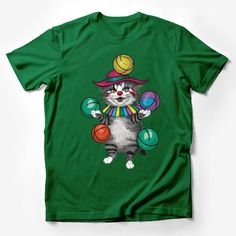 Whimsical Cat Juggling Balls T-Shirt, Colorful Circus Kitten Tee, Unisex Cat Lover Gift, Fun Animal Circus Performer Shirt Male T-Shirt Custom graphic T-Shirt.Customize your color Green Novelty T-shirt With Funny Print, Fun Short Sleeve T-shirt With Cat Print, Funny Short Sleeve T-shirt With Cat Design, Novelty Green T-shirt With Funny Print, Playful Green T-shirt With Funny Print, Novelty Multicolor Short Sleeve T-shirt, Playful Cotton T-shirt With Cat Design, Playful Cat Design Crew Neck T-shirt, Playful Short Sleeve T-shirt With Cat Design