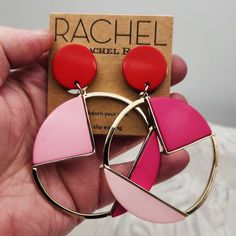 Nwt Rachel Roy Dangle Pink / Red / Gold Large Hoop Clip On Earrings