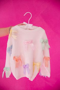 MINI KIDS PASTEL BOWS SWEATER SWEATER Judith March Long Sleeve Sweater With Bow For Spring, Spring Long Sleeve Sweater With Bow, Playful White Sweater For Spring, Kawaii Sweaters, Bow Clothing, Cake Clothes, Pastel Clothing, Fairy Kei Fashion, Bow Craft