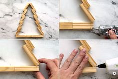 four photos showing how to make a wooden christmas tree frame with glue and wood dows