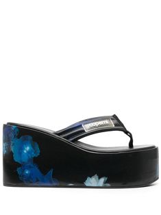 royal blue/black holographic effect floral print logo patch to the side open toe thong strap slip-on style wedge heel flatform sole Holographic Heels, Black Holographic, Floral Azul, Satin Sandals, Earth Goddess, Floral Heels, Azul Real, Black Wedge Sandals, Azul Royal