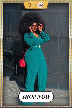 Long Sleeve V-neck Plus Size Wide Leg Jumpsuit Green V-neck Jumpsuits For Night Out, Green Fitted V-neck Jumpsuit, Green V-neck Jumpsuit For Work, Chic Green V-neck Jumpsuit, Green V-neck Jumpsuits And Rompers For Night Out, Plus Size Wide Leg, Wide Leg Jumpsuit, Women's Style, 1 Million