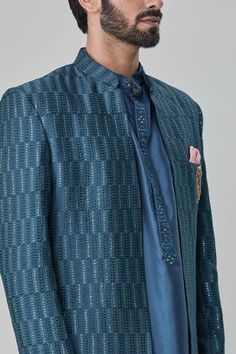 Teal blue sherwani with mirror, thread and sequins embroidery. Comes with pant and a kurta. - Aza Fashions Festive Designer Bandhgala With Mirror Work, Blue Bandhgala With Mirror Work For Festive Occasions, Blue Bollywood Bandhgala With Mirror Work, Formal Bandhgala With Mirror Work, Blue Bandhgala With Mirror Work For Wedding, Wedding Blue Bandhgala With Mirror Work, Formal Blue Kurta With Mirror Work, Designer Bandhgala With Mirror Work For Eid, Diwali Reception Nehru Jacket With Mirror Work