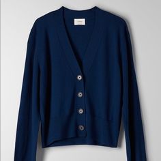 Nwt. Size Large. For That Season Between Seasons. This Is A Cropped Cardigan With A V-Neck And Front-Button Closure. It's Made With Superfine Merino Wool From Italy. Spandex-Tipped Hem And Cuffs For Shape Retention Materials & Care Origin: Fabric From Italy Content: 100% Merino Wool Care: Hand Wash Classic Blue Cardigan For Fall, Classic Blue Cardigan For Everyday Wear, Classic Blue Cardigan For Work, Classic Blue Cardigan For Workwear, Blue Button-up Cardigan For Work, Classic Blue Outerwear For Layering, Classic Blue Cardigan For Spring, Blue Cardigan With Button Closure For Work, Blue Workwear Cardigan With Button Closure