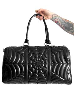 black vegan leather weekender bag with black stitched spiderweb Designer Duffel Bag, Goth Staples, Goth Handbag, Goth Bag, Goth Travel, Spiderweb Design, Muddy Buddy, Black Duffel Bag, Soft Goth