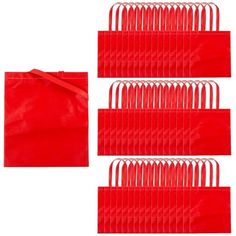 six red plastic bags with handles on each side and one in the middle, all lined up