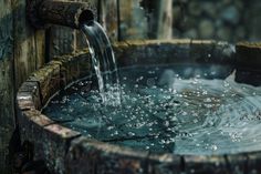 Closeup of clear water flowing from a wooden barrel fountain, capturing serene water ripples royalty free stock photos Barrel Fountain, Flowing Water, Wooden Barrel, Water Ripples, A Song Of Ice And Fire, Water Flow, Clear Water, Free Stock Photos, Close Up