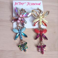 Brand New In Original Packaging Multicolor Butterfly Earrings For Party, Earrings Y2k, Gold Rhinestone Earrings, Betsey Johnson Earrings, Cherry Earrings, Iridescent Crystal, Pansies Flowers, Betsey Johnson Jewelry, Gold Rhinestone