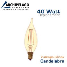 an old fashioned light bulb with the words, 40 watt replacement and candleabra