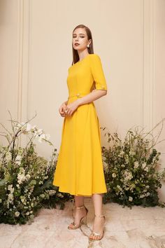 Daffodil Yellow, Dress Stands, Mean Blvd, All Eyes, Mid Length Dresses, Work Wardrobe, Elbow Length Sleeve, Office Fashion, Gold Buttons