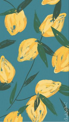 yellow flowers on blue background with green leaves