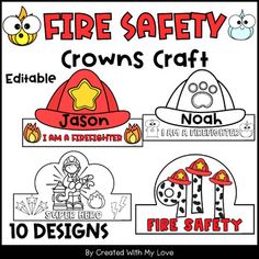 fire safety crowns craft for kids to color and cut out with their own name tags